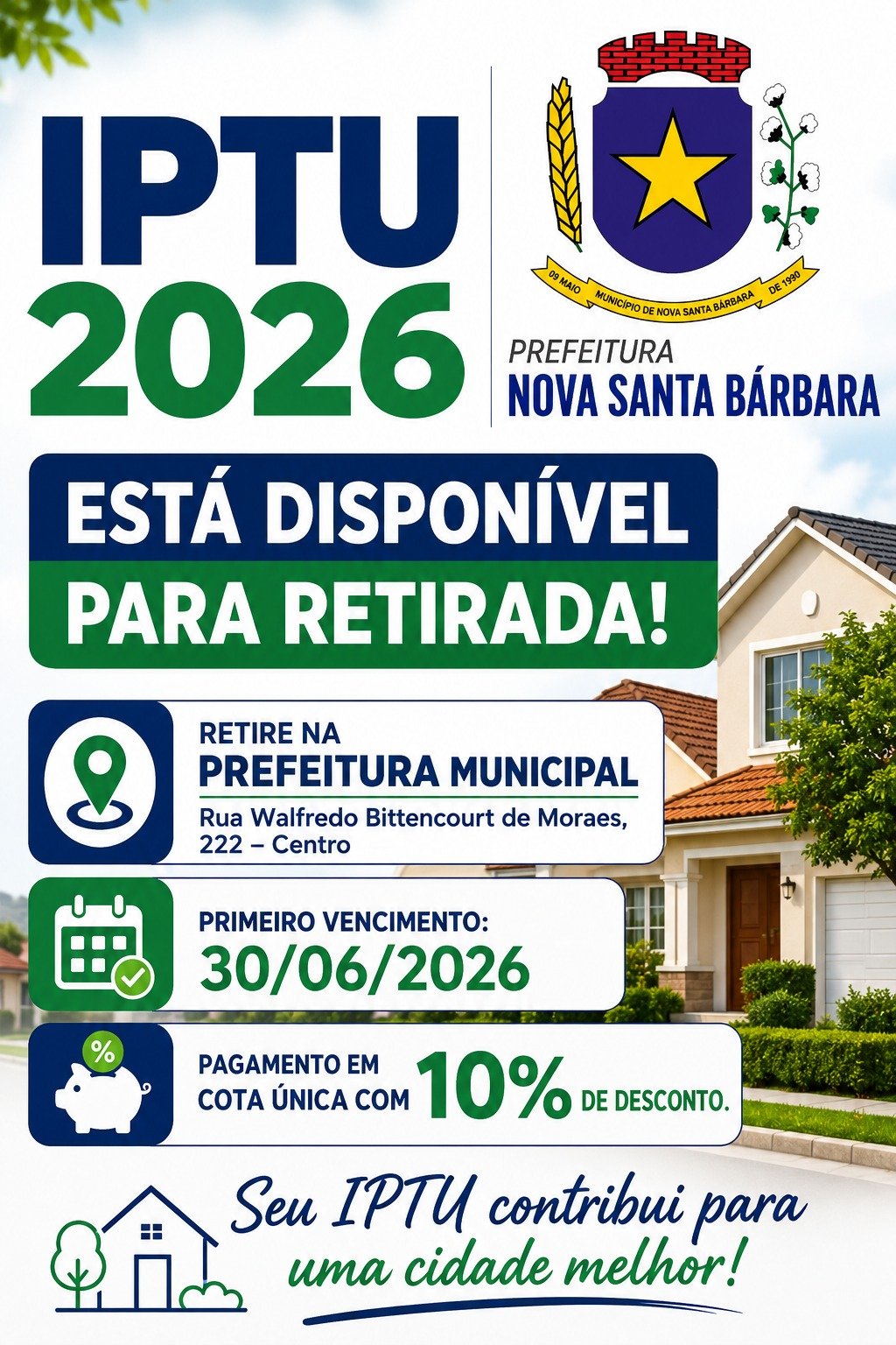 O IPTU 2026 já está disponível para retirada na Prefeitura Municipal